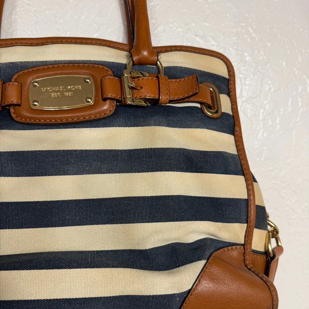 Michael Kors Hamilton Satchel Navy Cream Striped Canvas Leather Trim Handbag
